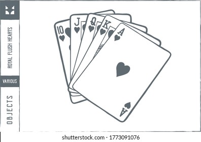 Royal flush hearts Vector illustration - Hand drawn - Out line