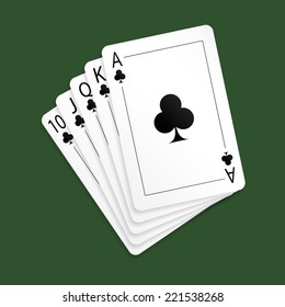 Royal flush playing cards. Clubs suit. Isolated on green background. Vector illustration, eps 10.