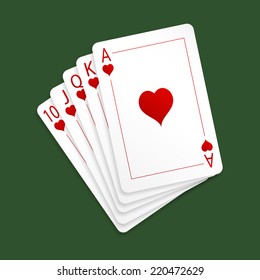 Royal flush playing cards. Heard suit. Isolated on green background. Vector illustration, eps 10.