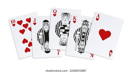 Royal Flush. Playing Cards of Hearts. Isolated vector casino clipart.