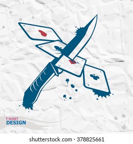 Royal flush playing cards and knife. Design for t-shirt print