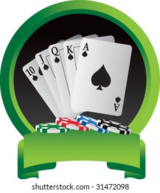 royal flush playing cards on green crest