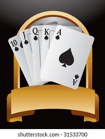 royal flush playing cards on gold crest