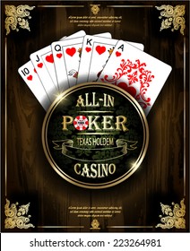 Royal flush playing cards poker hand in hearts. Vector background. Poker and casino label. Texas holdem. All-in. Wood texture.