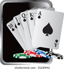 royal flush playing cards and poker chips silver frame