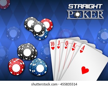 Royal flush and poker chips on a blue background.Vector