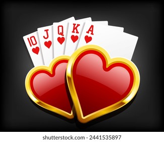 Royal Flush. A poker hand of a royal flush in hearts. Hearts Royal Flush.  Vector clipart.