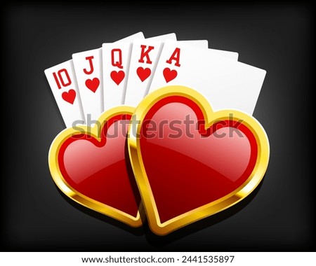 Royal Flush. A poker hand of a royal flush in hearts. Hearts Royal Flush.  Vector clipart.