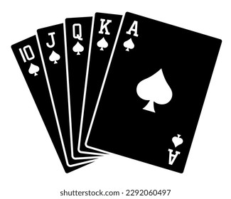 Royal Flush. Eine Pokerhand mit einem königlichen Pik. Spades Royal Flush. Kartenlüfter, schwarzes Symbol. Vektorclip-Kunst.