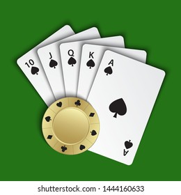 A royal flush of spades with gold poker chip on green background, winning hands of poker cards, casino playing cards and chip, vector poker symbols