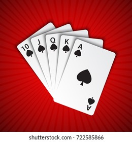 A royal flush of spades on red background, winning hands of poker cards, casino playing cards