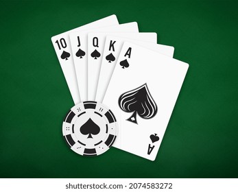 Royal Flush of Spades. Poker combination royal flush on a green realistic cloth with a black playing chip. Vector illustration.