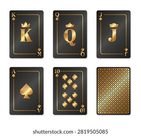 Royal flush of Spades. Set of black and gold playing card. Isolated vector
