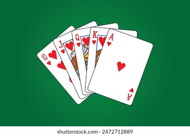 Royal flush or Royal straight flush of Hearts playing card on green or Poker table design and drawing in colorful cartoon vector