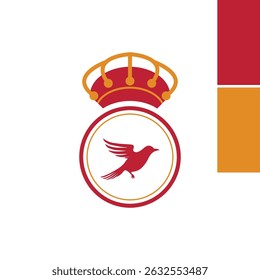 Royal Flying Bird Emblem with Crown in Red and Orange for Prestige and Heritage Brand Identity