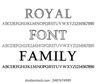 Familia tipográfica Royal. Alfabetos y números de Antiguas en tres estilos similares.