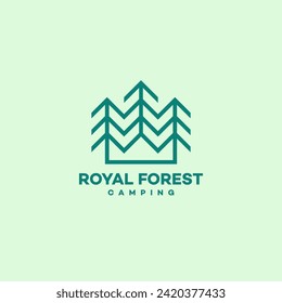 Royal forest camping logo design template. Minimalistic linear graphic style. Vector illustration.