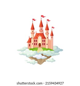Royal fortress medieval palace with towers on top of high hills in clouds, gates and flag. Vector old medieval city architecture element, game citadel, kingdom palace in sky. Princess fantasy fort