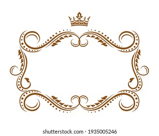 Royal frame with crown, medieval vector embellishment border with flourishes ornament. Elegant vintage template for wedding invitation, decoration in heralding style isolated on white background