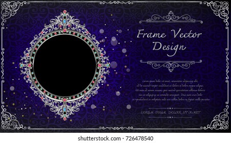 Royal frame on black pattern background, Vintage photo frame on drake background, antique, vector golden ornament