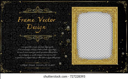 Royal frame on black pattern background, Vintage photo frame on drake background, antique, vector golden ornament