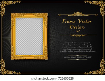 Royal frame on black pattern background, Vintage photo frame on drake background, antique, vector golden ornament