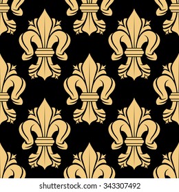 Royal french floral seamless pattern with beige  fleur-de-lis-flowers on black background, for luxury interior or textile design