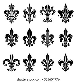 Royal french heraldry design elements for coat of arms, emblem or medieval design with black fleur-de-lis symbols adorned by decorative floral ornaments