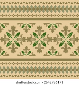 Royal Garland Ornament Haute Couture Medieval Baroque Old Money Seamless Border Pattern. Fleur de lis Lily Blooming with Deep Green Gold on Light Brown Background for Decoration Embroidery Apparel Rug