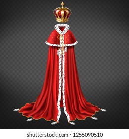 Royal garment 3d realistic vector with king or emperor golden crown decorated precious stones, red cape and royal mantle with ermine fur illustration isolated on transparent background. Monarch cloth