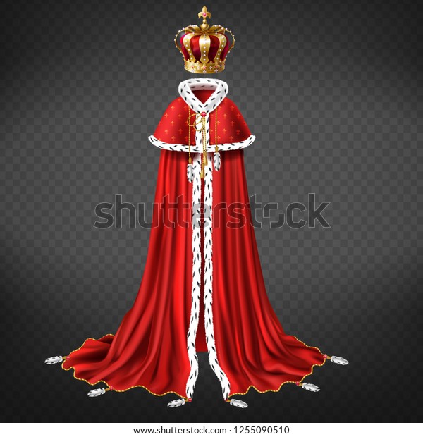 Royal garment 3d realistic vector with king or\
emperor golden crown decorated precious stones, red cape and royal\
mantle with ermine fur illustration isolated on transparent\
background. Monarch\
cloth