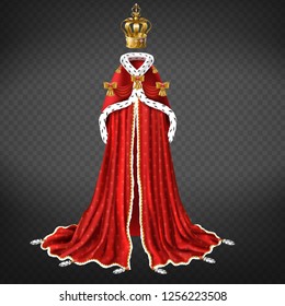 Royal garment realistic vector with queen, princess golden crown decorated gems, red cape with bows and mantle with ermine fur illustration isolated on transparent background. Monarch ceremonial cloth