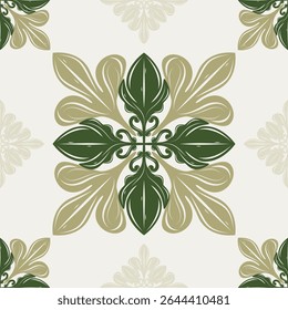 Royal Gentle Mild Seamless Luxury Mythology Baroque Era Monograma Elegância Padrão Real. Natureza Verde Estilo Botânico com Olive Celadon Shades no fundo bege claro. Bordado de assoalho de azulejos 