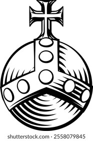 A royal globus cruciger or stavroforos sphaira cross bearing orb symbol of authority. In an engraved vintage woodcut retro tattoo style