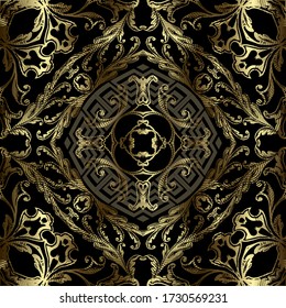 Royal gold 3d vintage vector seamless pattern. Floral grunge Baroque style background. Repeat backdrop. Modern greek key meander golden ornament. Golden frames, mandalas, shapes, flowers, leaves.