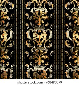 Royal gold Baroque seamless pattern. Vector striped background. Golden 3d wallpaper. Vintage damask flowers, scrolls, leaves, crown, stripes, meander, greek key, rich baroque ornaments.