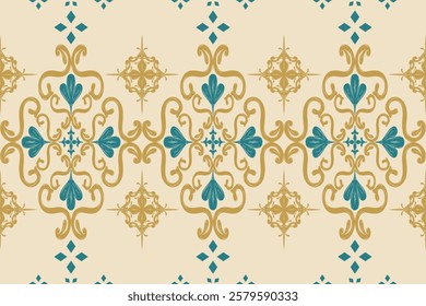 Royal Gold and Blue Victoria Damask Geometric Stripe Border Seamless Pattern on Pale Yellow Background. Luxury Expensive Decoration Design with Leaves Florals Diamonds Elaborate Rich Noble Silk Fabric