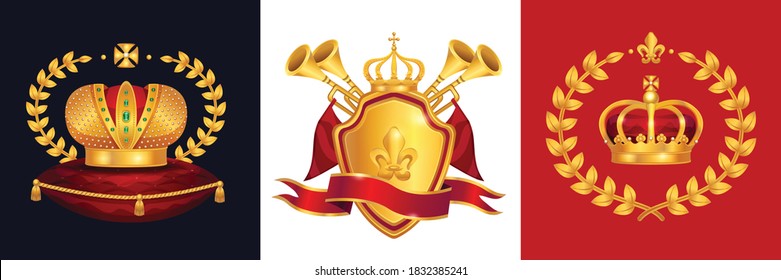 Royal gold crown heraldry trumpets shield emblem monarchy regal symbols attributes concept 3 realistic images vector illustration 