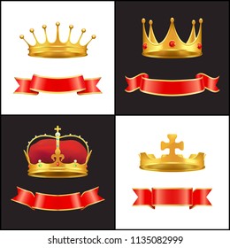 Royal gold crown with jewel and decorative ribbons. Glossy horizontal string, scrolled and curly strip, corona of different style, luxury vector set