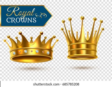 Royal gold crowns 2 shining  realistic images set on transparent background closeup shadows isolated vector illustration 