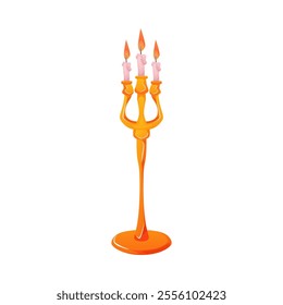 Royal gold floor candelabra or candle holder with three burning candles. Light, warmth. Interior element of the throne room. Royal Palace. Medieval castle. Vector illustration on white background.