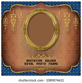 Royal gold frame on pattern background, Border vintage photo frame on drake background, antique, vector design pattern