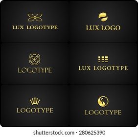 Royal gold icons set. Luxury exclusive logo collection on black background. 