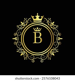 Royal gold letter B monogram design with crown and intricate floral border on black background  
