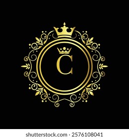 Royal gold letter C monogram design with crown and intricate floral border on black background  
