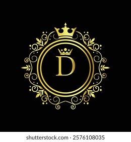 Royal gold letter D monogram design with crown and intricate floral border on black background  
