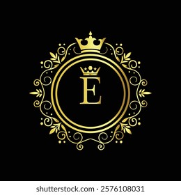 Royal gold letter E monogram design with crown and intricate floral border on black background  
