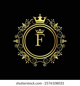 Royal gold letter F monogram design with crown and intricate floral border on black background  
