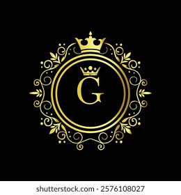 Royal gold letter G monogram design with crown and intricate floral border on black background  
