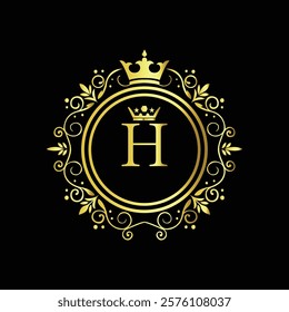 Royal gold letter H monogram design with crown and intricate floral border on black background  
